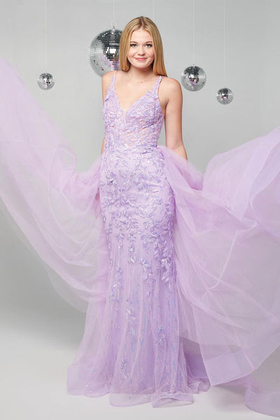 Lilac V Neck Tulle Mermaid Long Prom Dresses with Appliques MD4013003