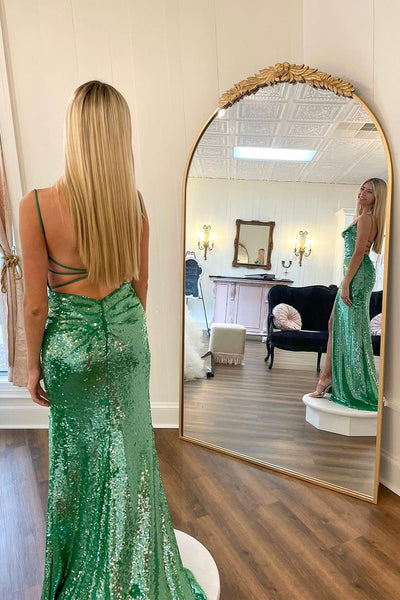 Green Sequin Scoop Neck Mermaid Long Prom Dress with Slit MD112405