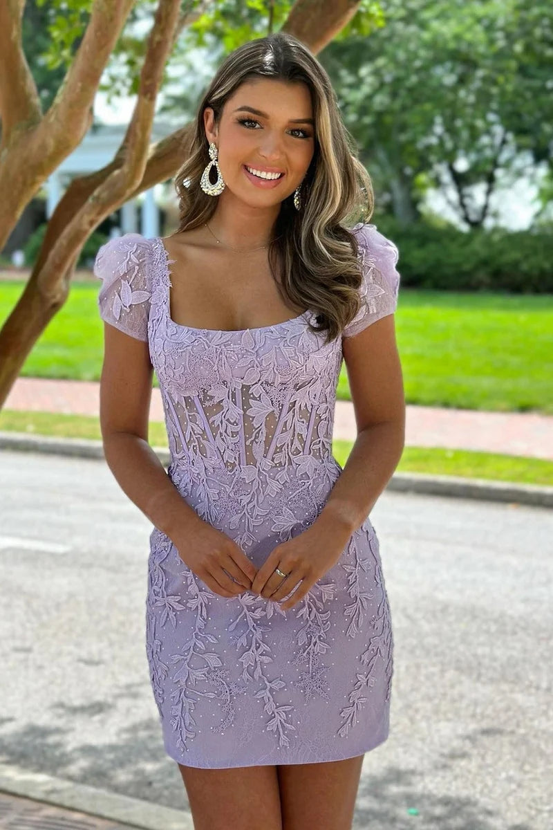 Cute Bodycon Square Neck Lavender Lace Short Homecoming