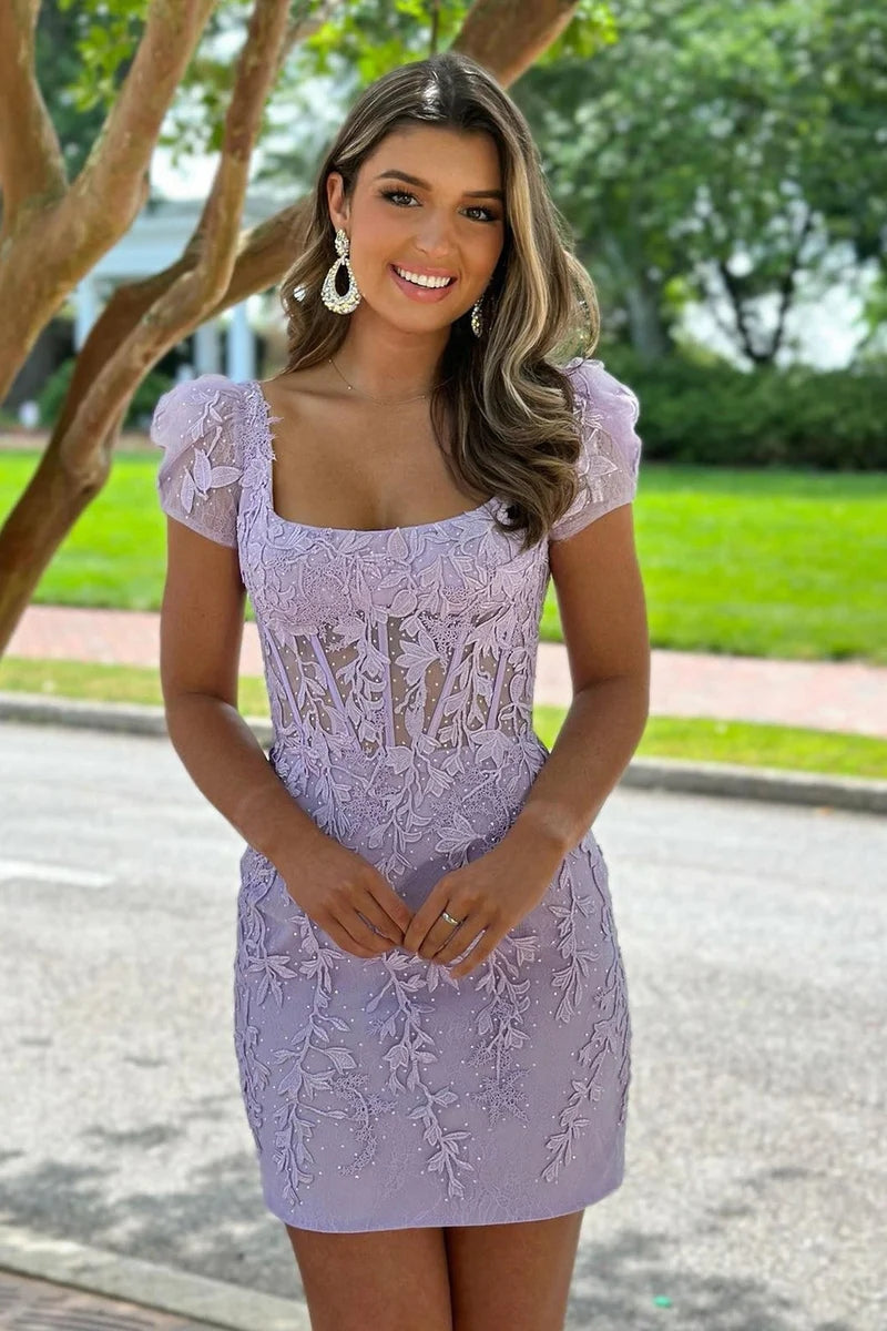 Cute Bodycon Square Neck Lavender Lace Short Homecoming Dresses with Beading MD0802810