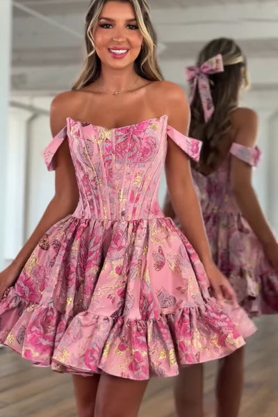 A Line Off the Shoulder Pink Jacquard Satin Short Homecoming Dress DM12060901