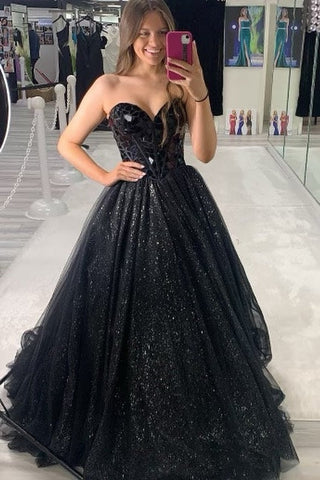 Princess Black Cut Glass Mirror Sweetheart A-Line Long Prom Gown MD092405