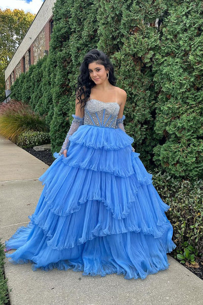 Blue Strapless Tiered Tulle Prom Dress with Beading MD120101