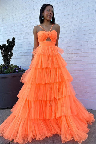 Orange Sweetheart Cutout Tiered Tulle Long Prom Dress MD4020201