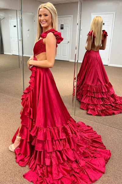 Red Cutout Ruffle A-Line Long Prom Dress with Slit MD112502