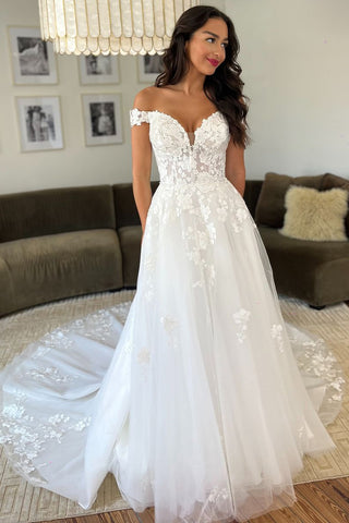 Off the Shoulder White Tulle Wedding Dresses with Appliques MD4062312
