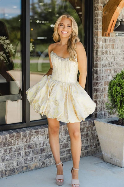 A Line Strapless Jacquard Satin Homecoming Dress with Pockets DM12062806