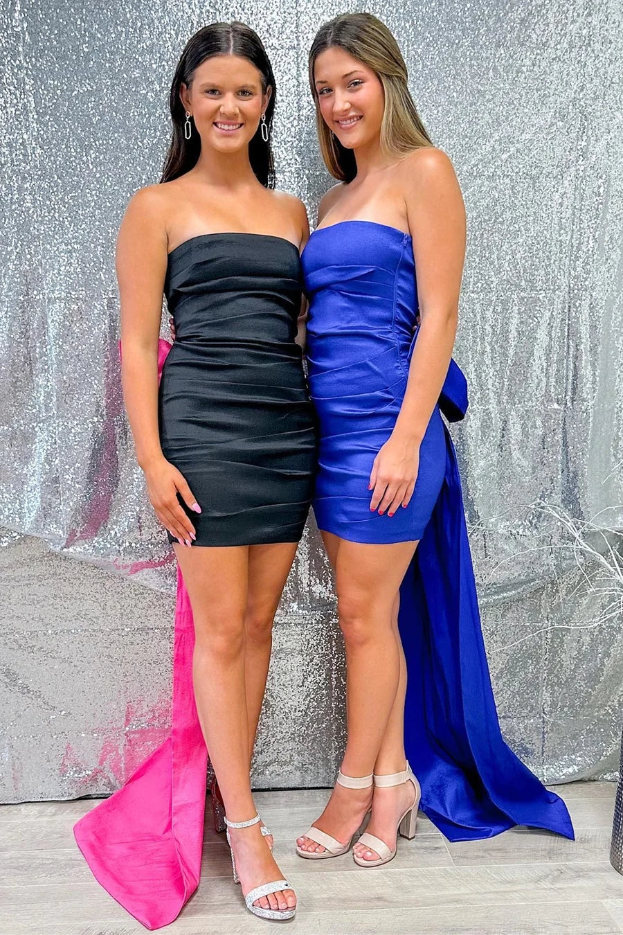 Black Strapless Bow Back Homecoming Dress with Attached Train LD3063009 Dressmeet Black Strapless Bow Back Homecoming Dress with Attached Train LD3063009 Dressmeet