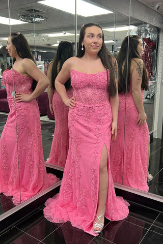 Mermaid Strapless Pink Tulle Long Prom Dress with Appliques MD4030903