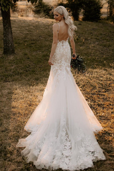 Elegant Mermaid V Neck Lace Long Wedding Dresses with Appliques DM090710