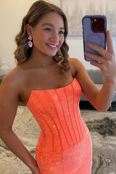 Gorgeous Mermaid Scoop Neck Orange Satin Slit Prom Dress with Hot Stone DM1111206