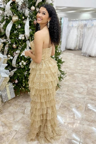 Gold Tulle Sequin Corset Ruffle Tiered Long Dress with Slit MD122808