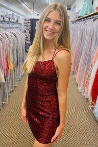 Burgundy Sequin Lace-Up Bodycon Short Homecoming Dress MD092109 Dressmeet Burgundy Sequin Lace-Up Bodycon Short Homecoming Dress MD092109 Dressmeet