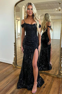 Black Sequins Cold Shoulder Mermaid Long Prom Dress with Slit MD4031801
