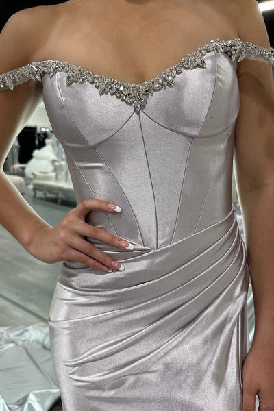 Silver Satin Off the Shoulder Mermaid Long Prom Dress with Slit  MD4050902