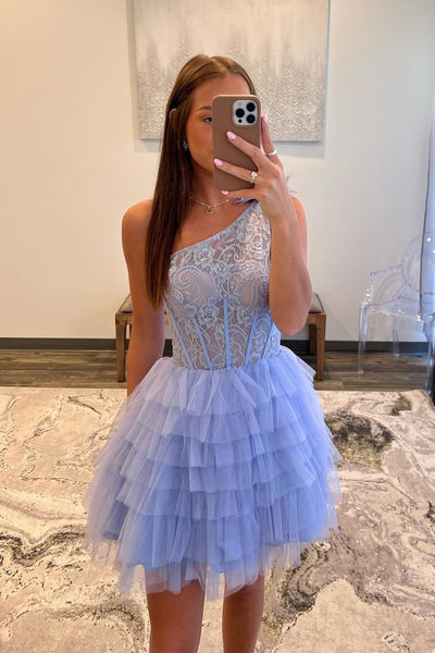 Charming One Shoulder Blue Ruffle Tiered Tulle Short Homecoming Dresses DM4070402