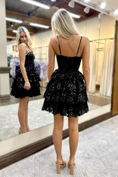 Cute Sweetheart Black Sequins Tiered Tulle Short Homecoming Dresses DM24081703