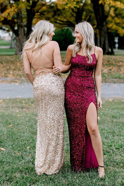 Mermaid Scoop Neck Burgundy Sequins Long Prom Dress with Slit MD4051501