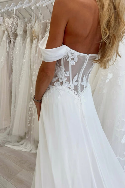 A Line Off the Shoulder Chiffon Wedding Dress with Appliques DM26011308
