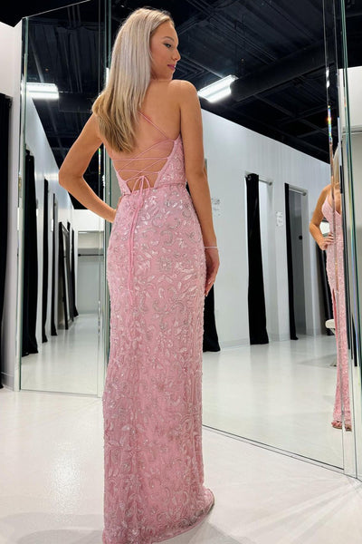 Pink V Neck Sequins Appliques Mermaid Long Prom Dresses MD4012101