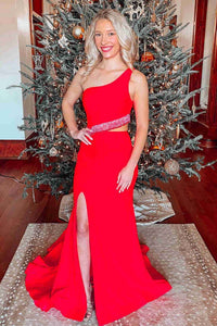 Two Piece One Shoulder Red Long Prom Dress with Tassel MD121810