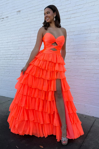 Cute A Line Sweetheart Orange Chiffon Tiered Prom Dress DM26011306