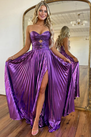 Sparkly A Line Sweetheart Purple Long Prom Dresses with Slit DM102109