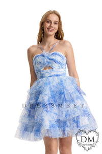 Blue Halter Ruffle Tiered Floral Printed Short Homecoming Dresses DM24072102