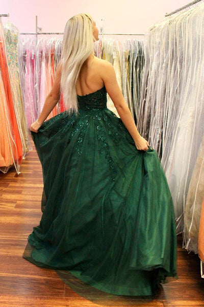 Dark Green Sweetheart Tulle LongProm Dresses with Appliques MD4010802