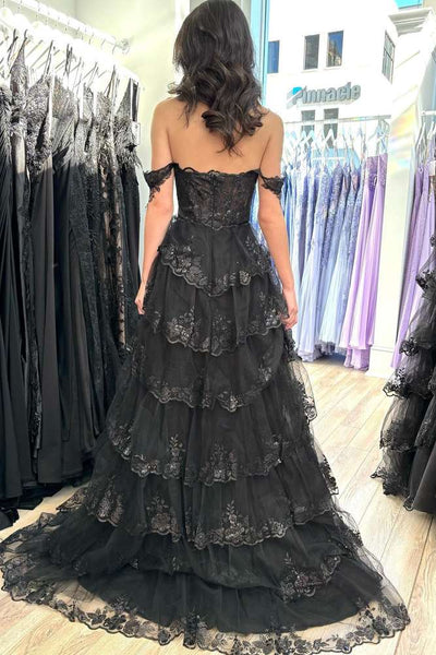 Black Off the Shoulder Lace Applique High Slit Tiered Prom Dress MD4042802