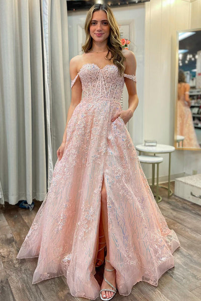 A-Line Off the Shoulder Pink Tulle Appliques Long Prom Dresses with Pockets MD120804