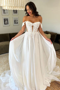 Flowy Off the Shoulder White Chiffion Beach Wedding Dresses with Appliques MD4062310