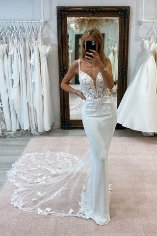 Exquisite V Neck Satin Mermaid Wedding Dresses with Appliques MD4062701