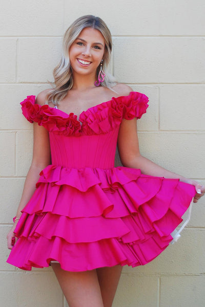 Fuchsia Off the Shoulder Tiered Homecoming Dresses with Ruffles DM24080310