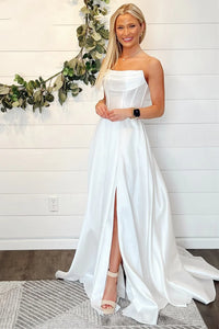 Simple A Line Straps Satin Long Wedding Dresses with Slit DM24101908