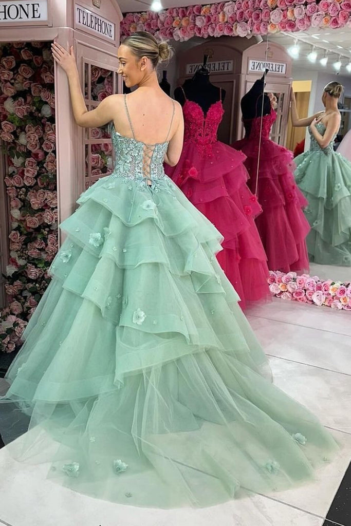 Green Sweetheart Ruffle Tiered Long Prom Dresses with Appliques MD4011701 Dressmeet Green Sweetheart Ruffle Tiered Long Prom Dresses with Appliques MD4011701 Dressmeet