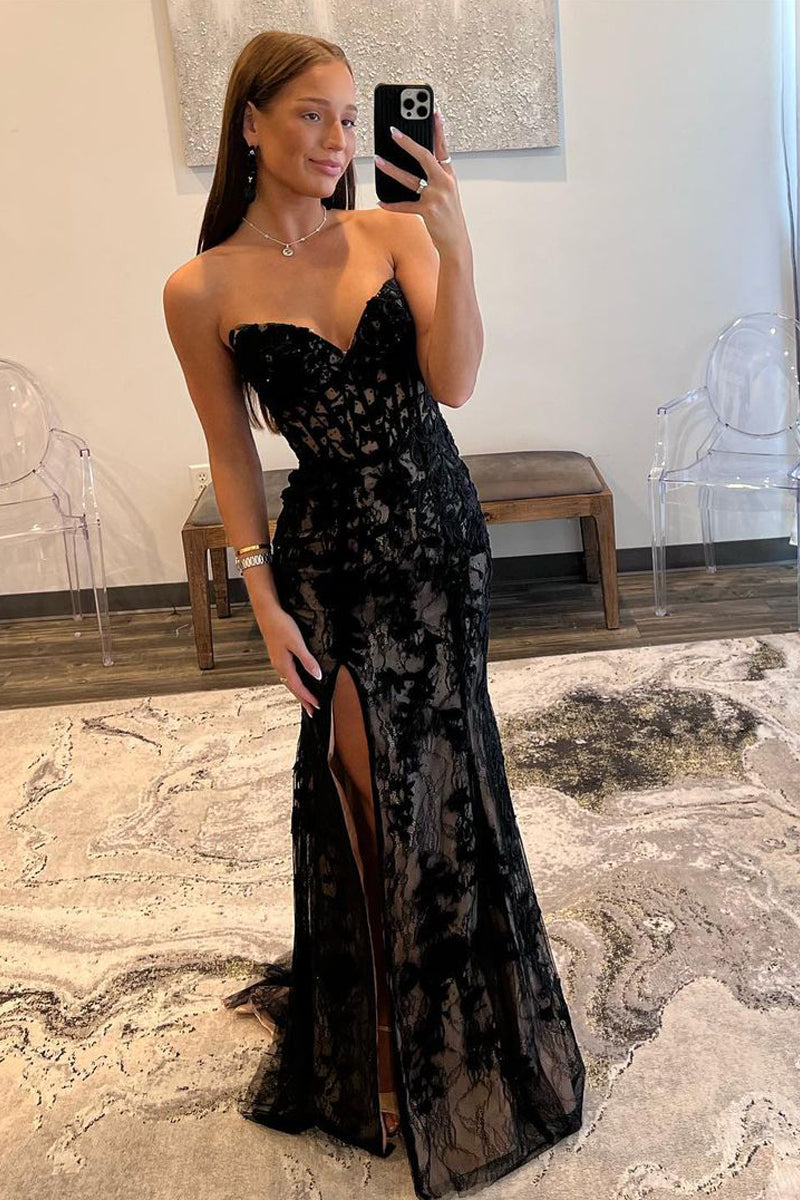 Charming Mermaid Sweetheart Black Lace Long Prom Dress with Slit DM3083108 – Dressmeet