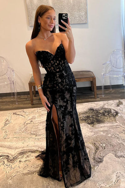 Charming Mermaid Sweetheart Black Lace Long Prom Dress with Slit DM3083108