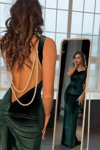 Sexy Mermaid Green Velvet Straps Backless with Pearls Pleats Prom Evening Dress DM25101702