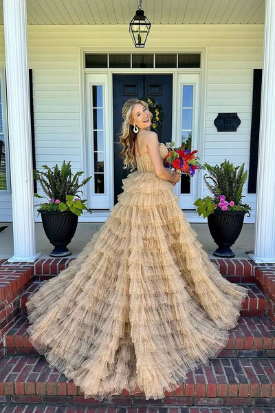 Ball Gown Strapless Gold Tiered Tulle Long Prom Dress MD4053002