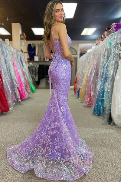 Mermaid Lavender Sequin Lace Long Prom Dresses MD4011004