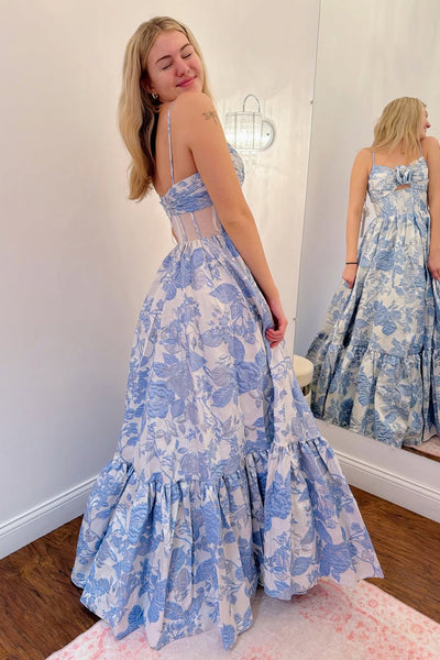 Cute A Line V Neck Blue Jacquard Satin Long Prom Dress DM26011503