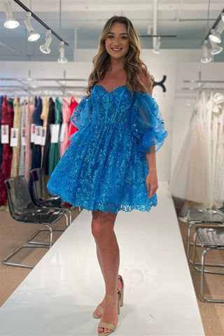 Blue Off-the-Shoulder Puff Sleeves A-line Applique Homecoming Dress LD3061810