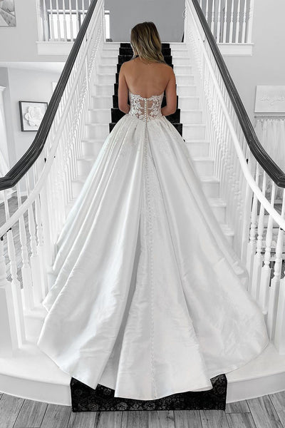 A Line V Neck Satin Long Wedding Dresses with Appliques DM082703
