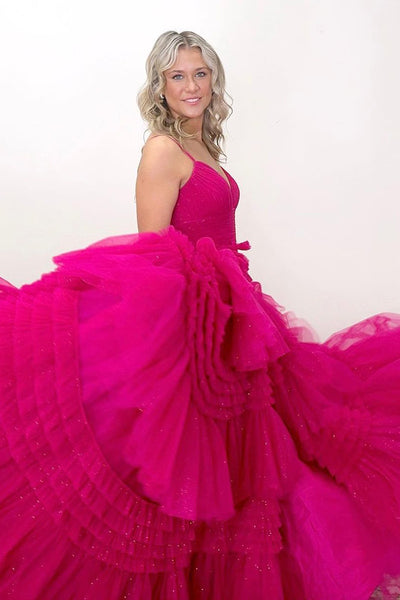 Princess A-Line V Neck Fuchsia Ruffle Tiered Long Prom Dress with Slit MD4032703