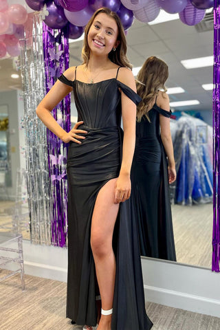 Mermaid Cold Shoulder Black Satin Long Prom Dress with Slit MD4020502