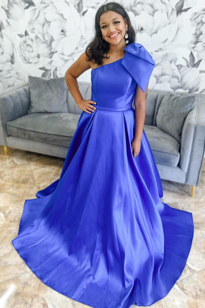 Royal Blue One Shoulder Bow Tie Satin Prom Dress with Pockets MD112707