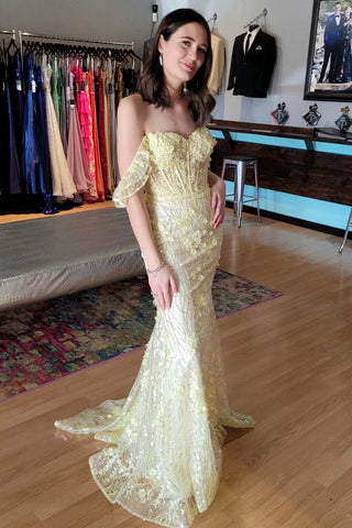 Lovely Mermaid Off the Shoulder Yellow Sequin Appliques Long Prom Dresses MD4042701