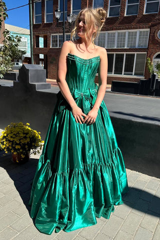 Cute A Line Scoop Neck Dark Green Satin Prom Dresses DM24102910