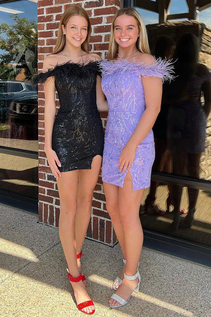 Chic Sheath Off the Shoulder Black/Lilac Short Homecoming Dress with Feather MD091313 Dressmeet Chic Sheath Off the Shoulder Black/Lilac Short Homecoming Dress with Feather MD091313 Dressmeet